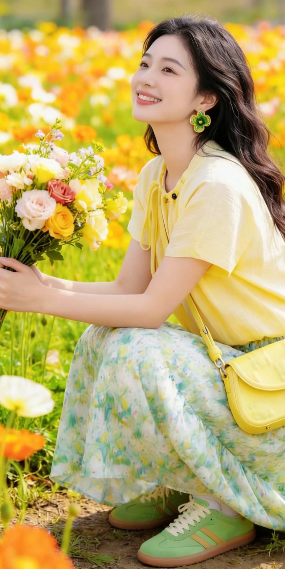 春日花海中的甜美少女，手捧鲜花，笑容灿烂！🌸💐🌼