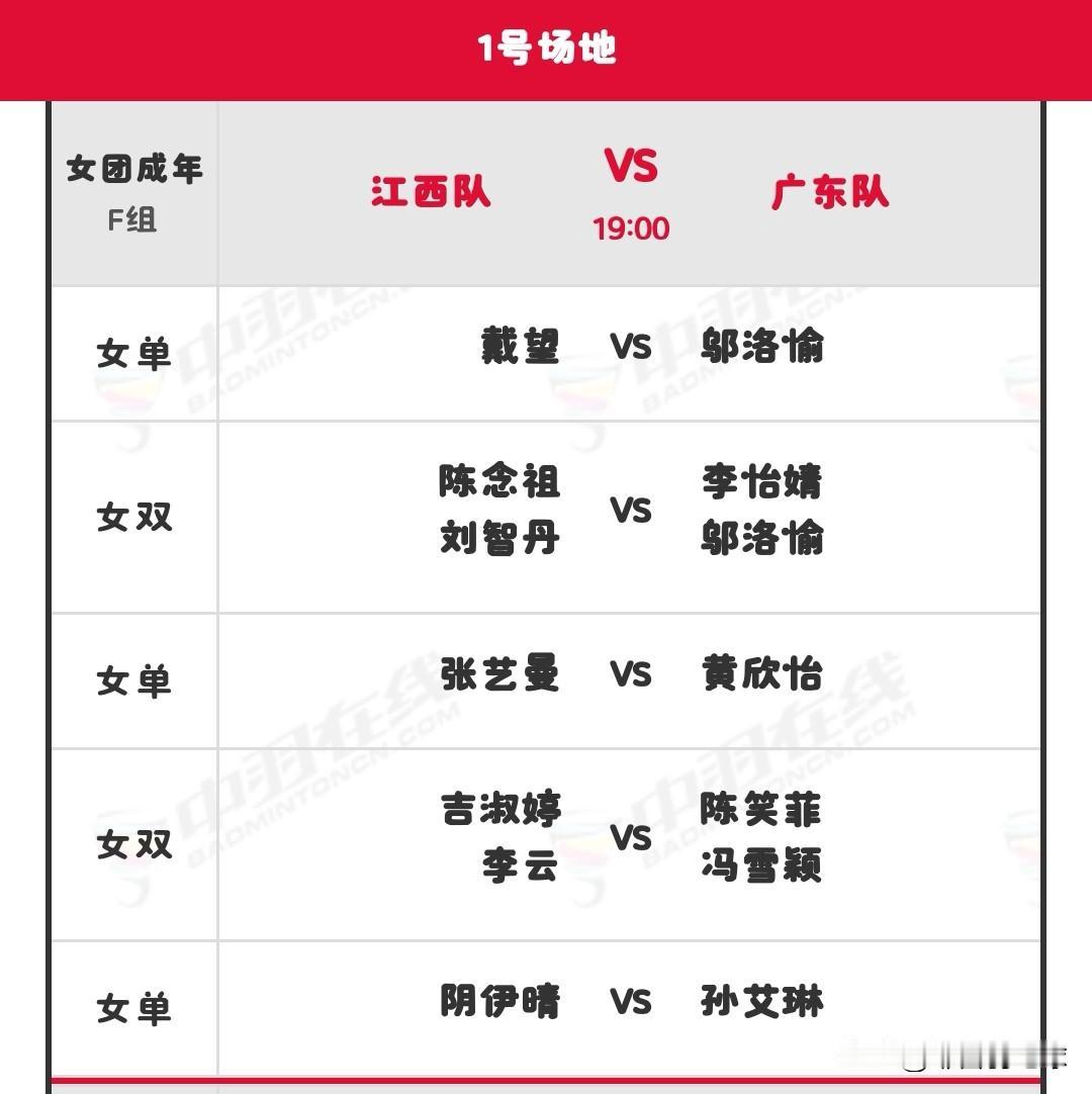 11月7日全运会羽毛球赛团体决赛晚场安排

晚场北京时间19：00开始，共有六块