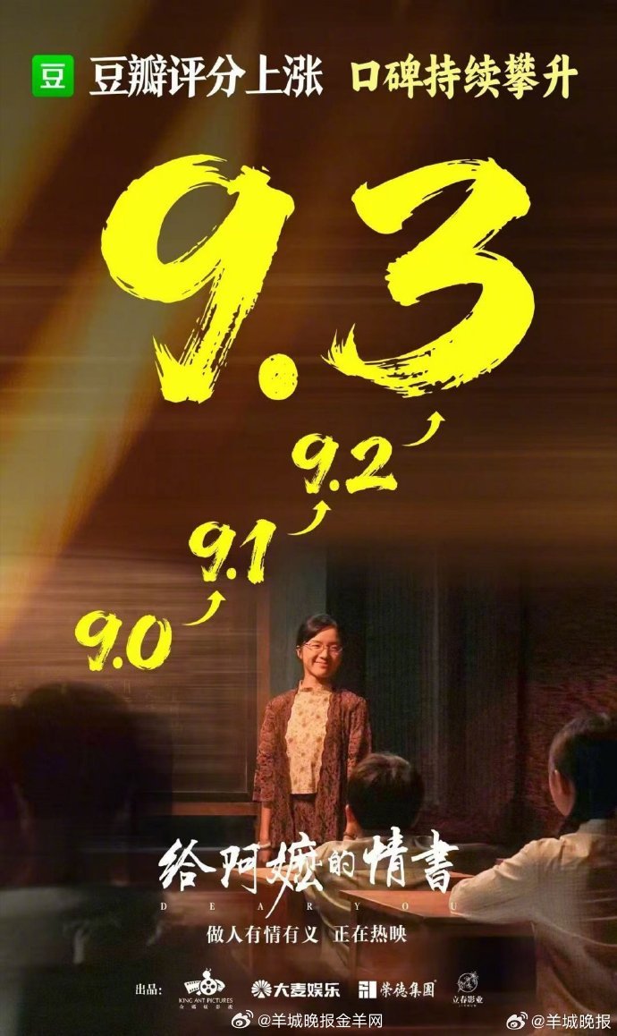 【#给阿嬷的情书豆瓣升至9.3#】电影#给阿嬷的情书# 从开画9.0分一路攀升，