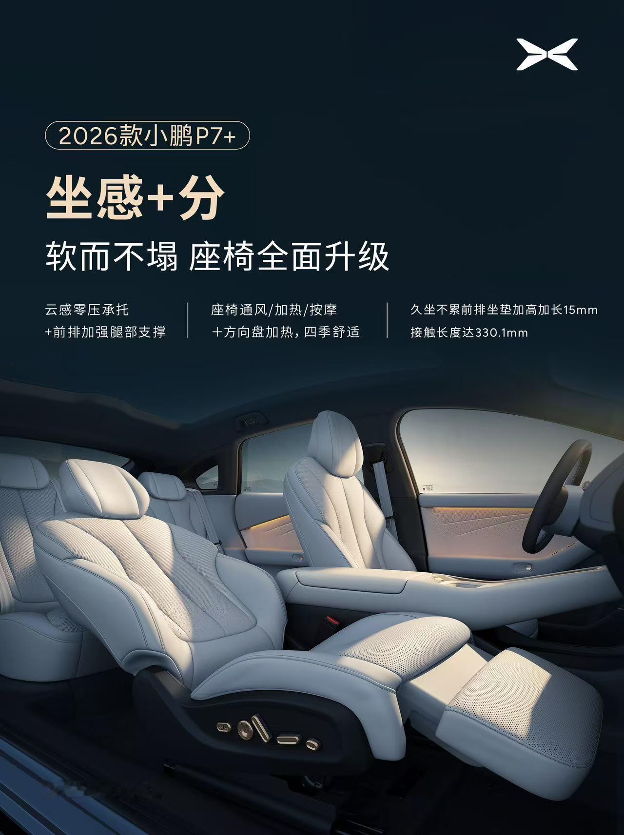 小鹏P7+舒适性又升级了！座椅通风加热按摩全系配齐，还有静音电吸门+双层玻璃+主