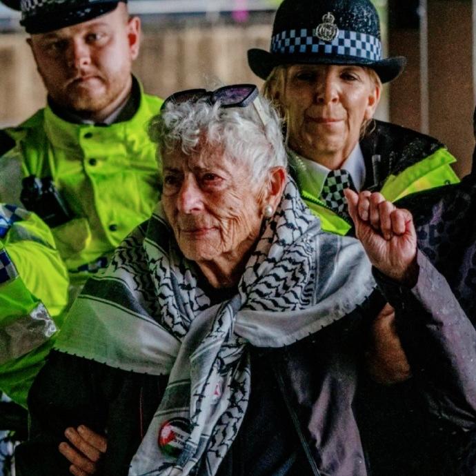 英国警方刚刚逮捕了一位94岁的老人。
 
只因她举了个牌子：我反对种族灭绝，我支