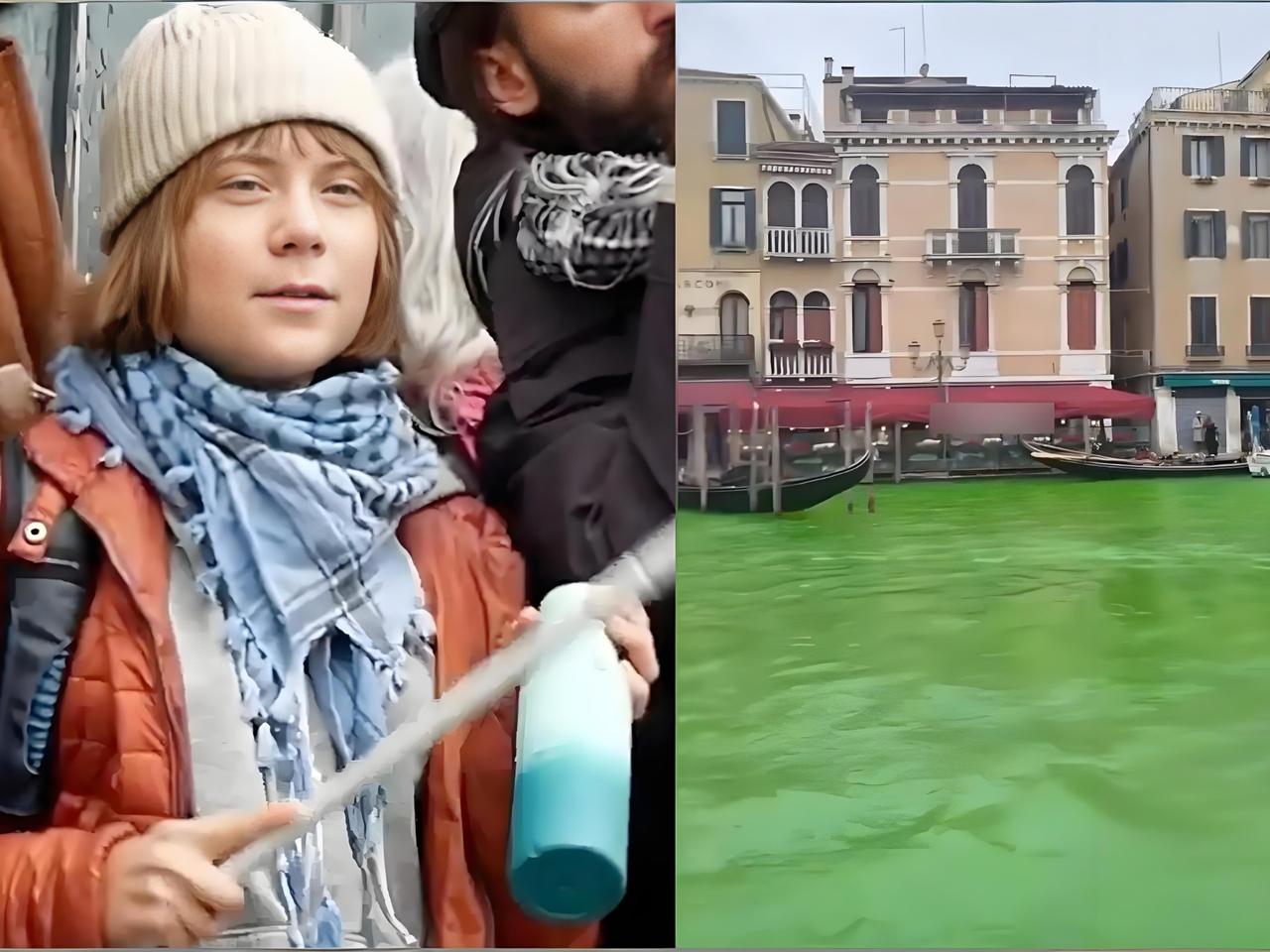 【格蕾塔威尼斯染绿运河，遭警方驱逐并罚款！】

意大利威尼斯的大运河竟一夜之间变