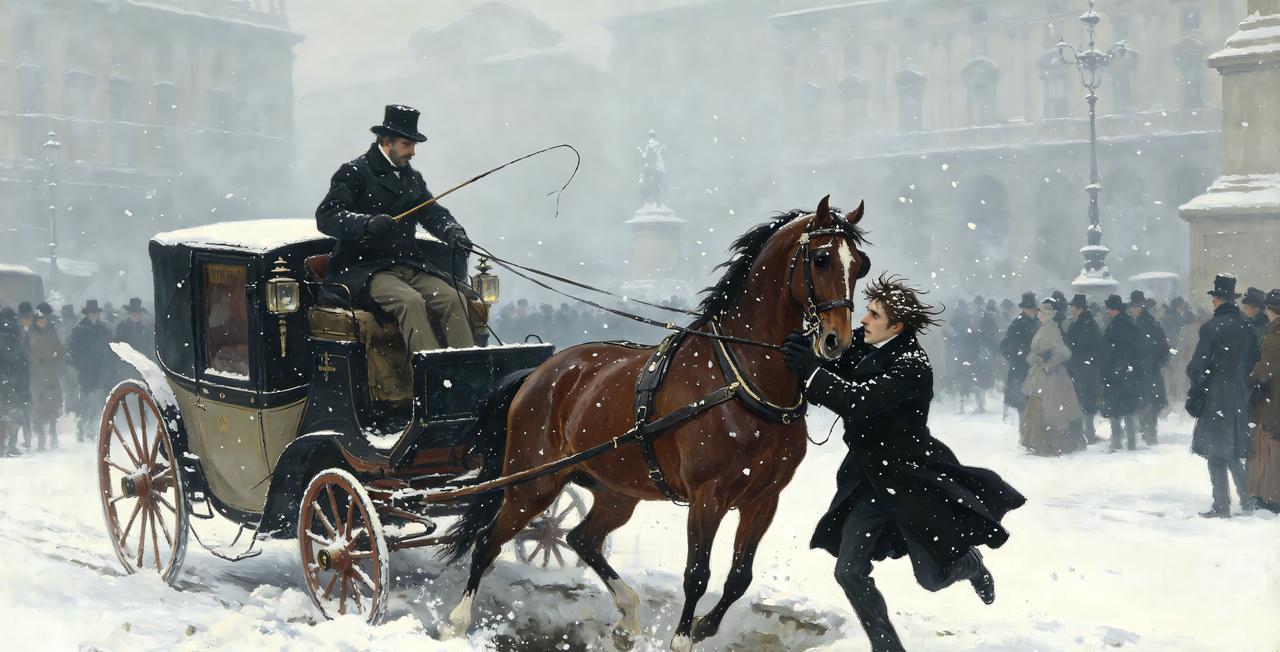 1889 年 1 月 3 日，都灵的卡尔洛・阿尔贝托广场飘着细碎的雪，石板路被冻