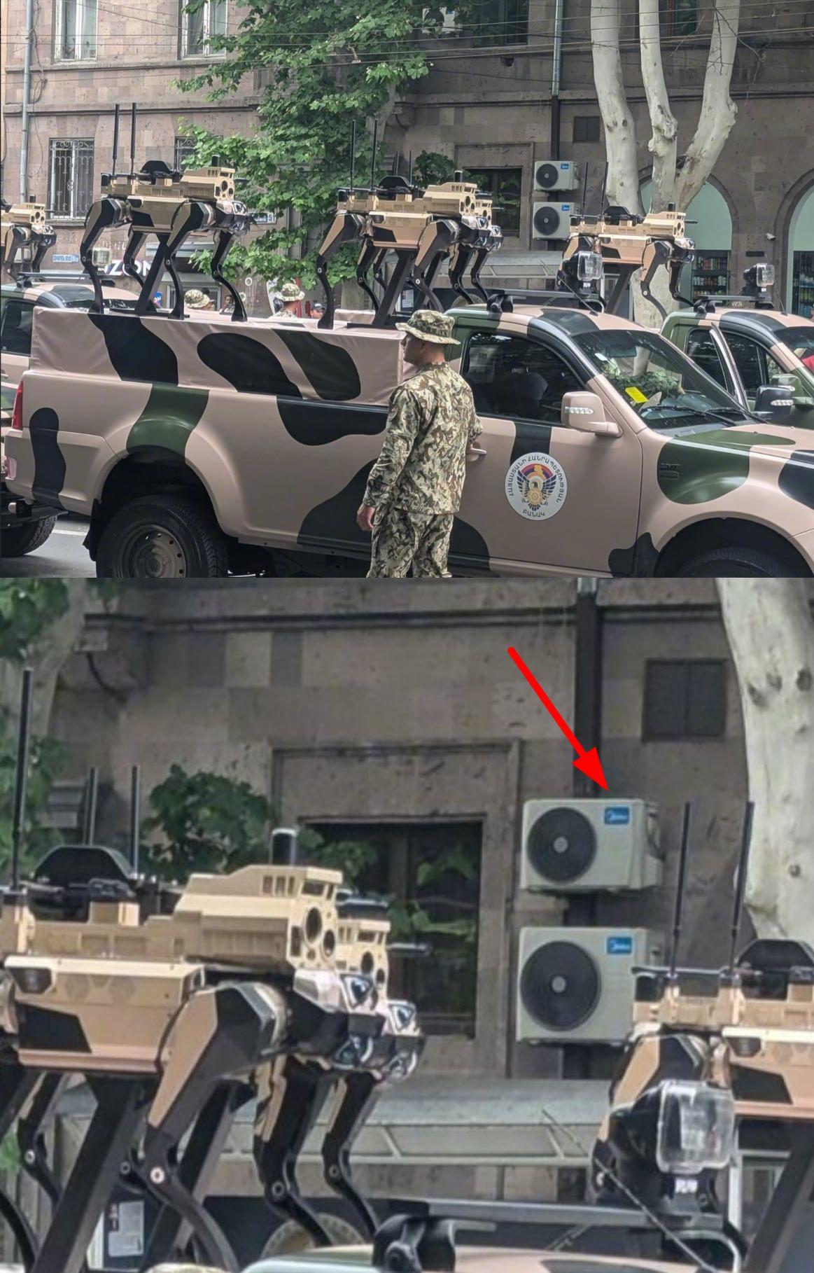 亚美尼亚阅兵的机器狼被人拍到。
机器狼和空调都是中国货。
没错，连街边的空调也是