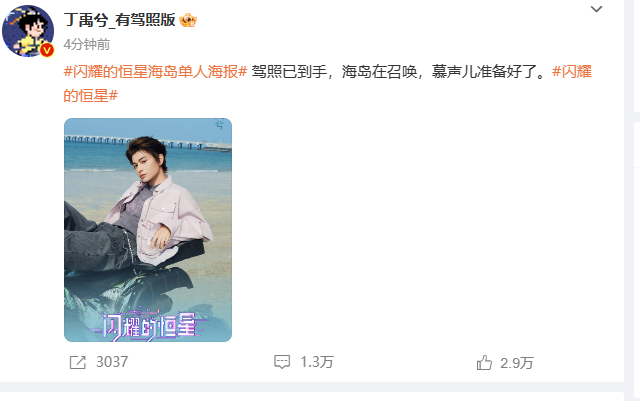 丁禹兮团综单人海报 丁禹兮在团综《闪耀的恒星》中的单人海报一经亮相，便宛如一颗划