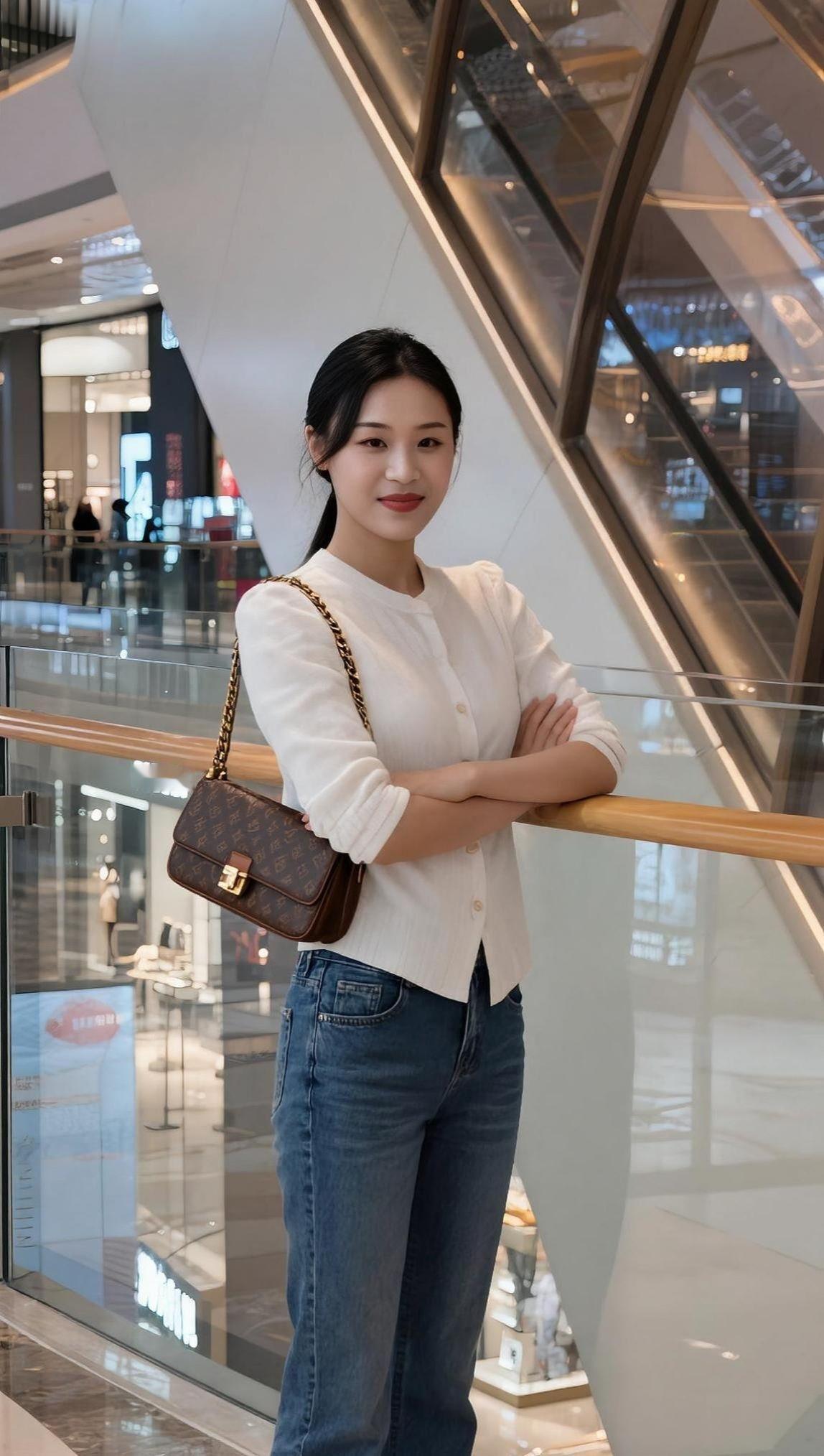 街拍即景
暖光浮掠素衣肩，
链挎棕囊意自闲。
凭遍璃栏人独立，
风捎烟火入眉弯。