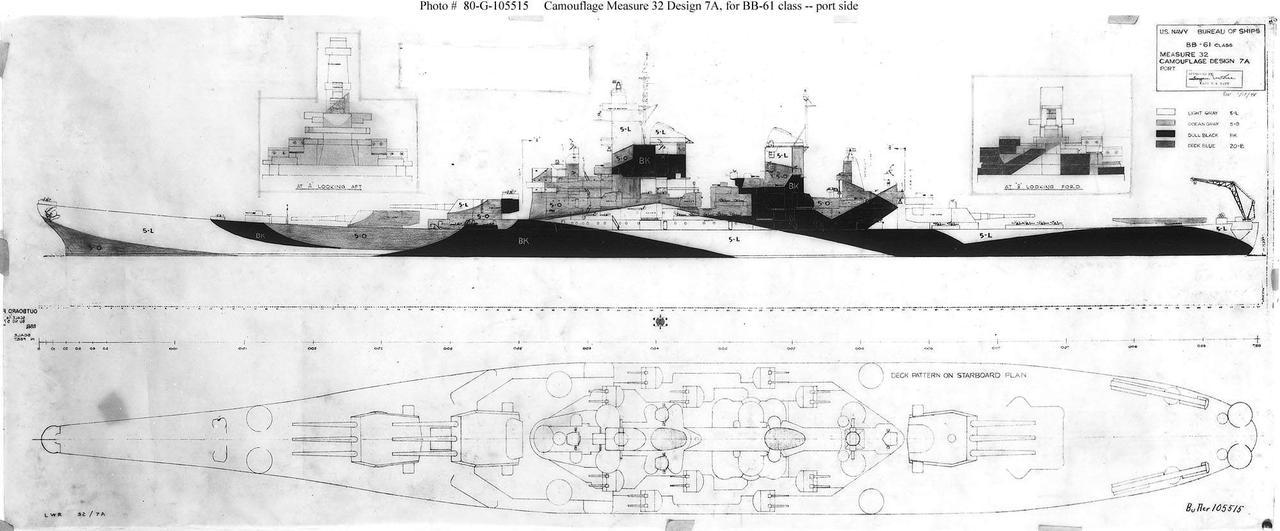 衣阿华级战列舰的伪装设计方案之一。
美国海军舰船局为衣阿华级战列舰设计的伪装方案