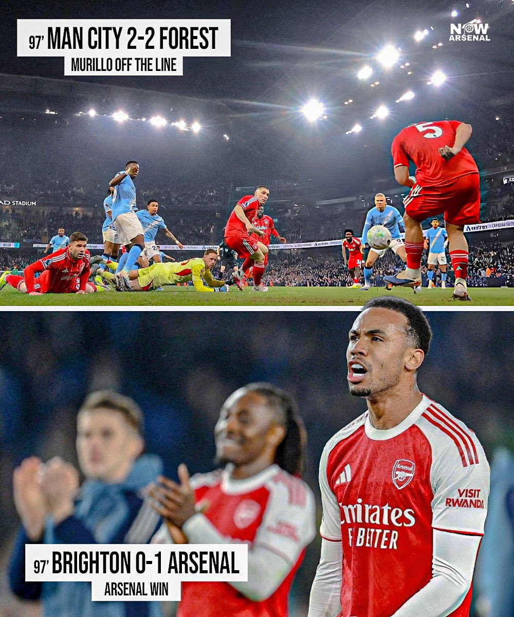 now.arsenal：随着阿森纳锁定胜局，诺丁汉森林后卫穆里略在比赛还剩20秒