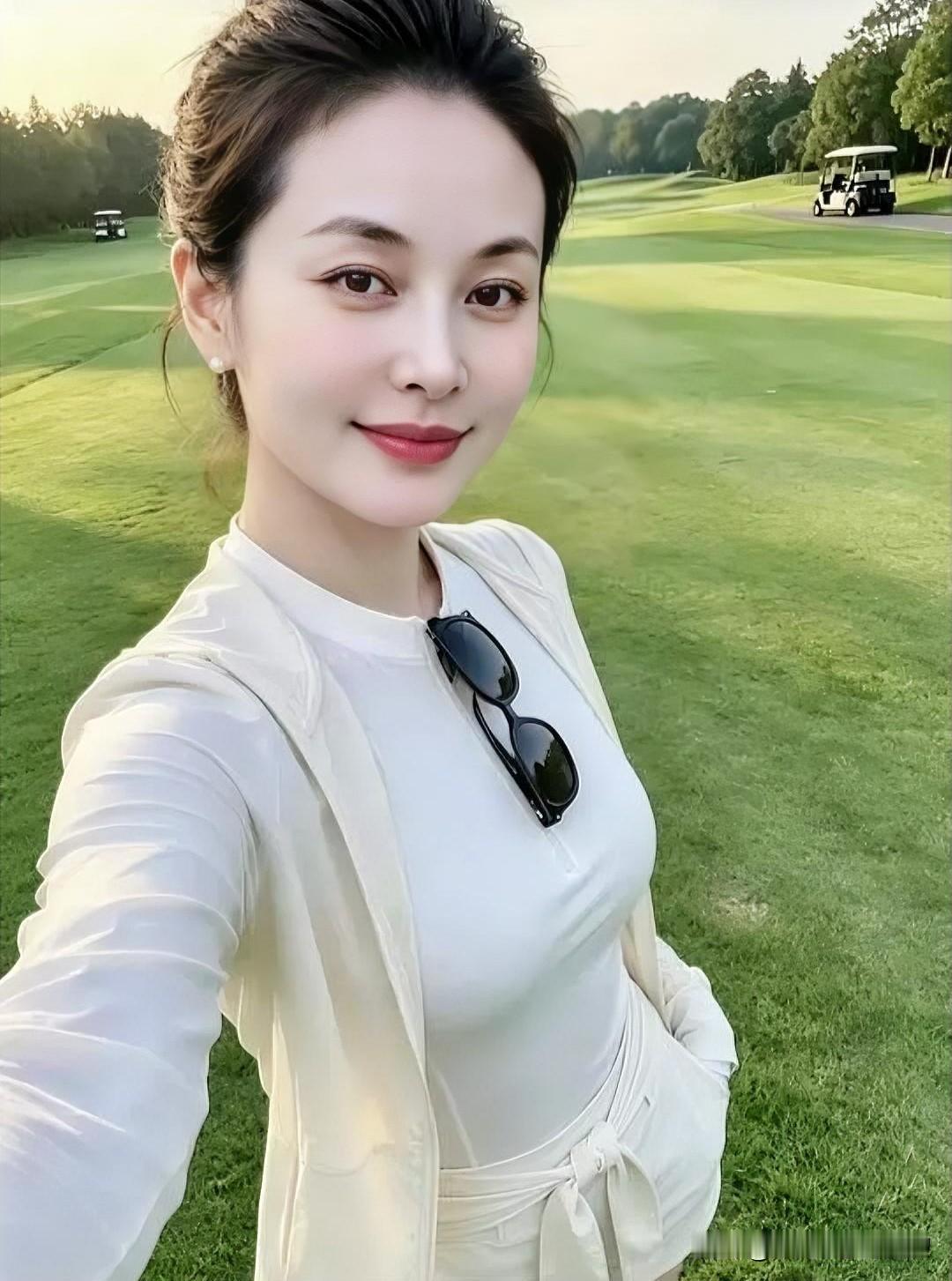 绿茵铺展如茵梦，白衫似云裹清姿。墨镜闲悬领口，远车隐于林际，她笑意融融，揽一襟阳