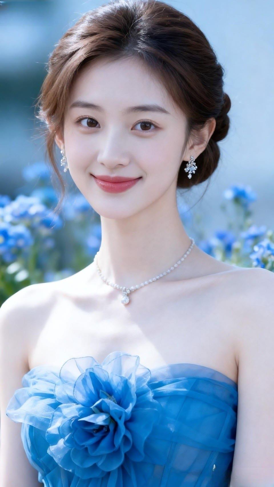 优雅蓝裙，绽放如花，温柔微笑，宛如春日暖阳。