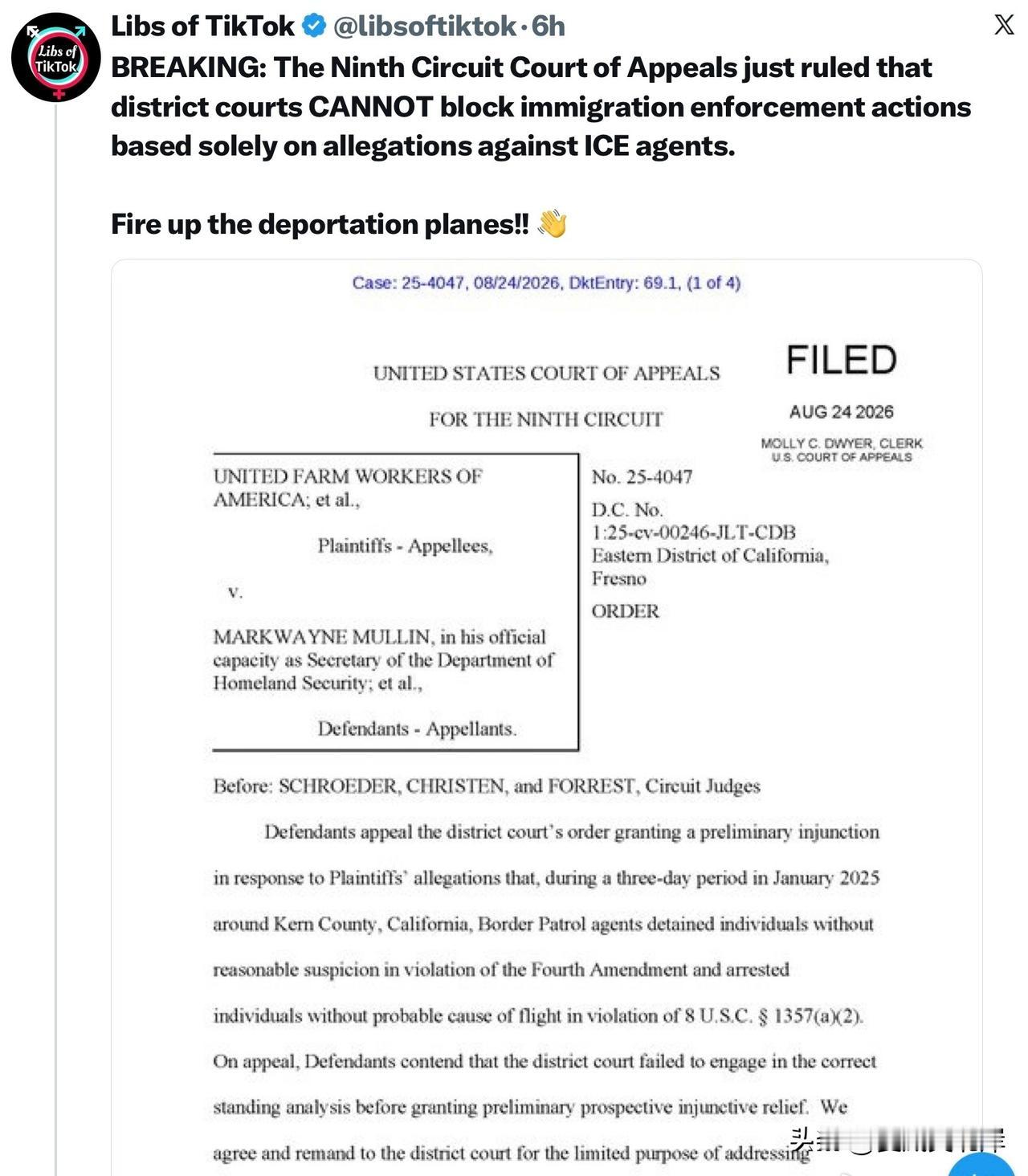 突发：美国第九巡回上诉法院刚刚裁定，地区法院不能仅仅依据针对ICE移民海关执法人