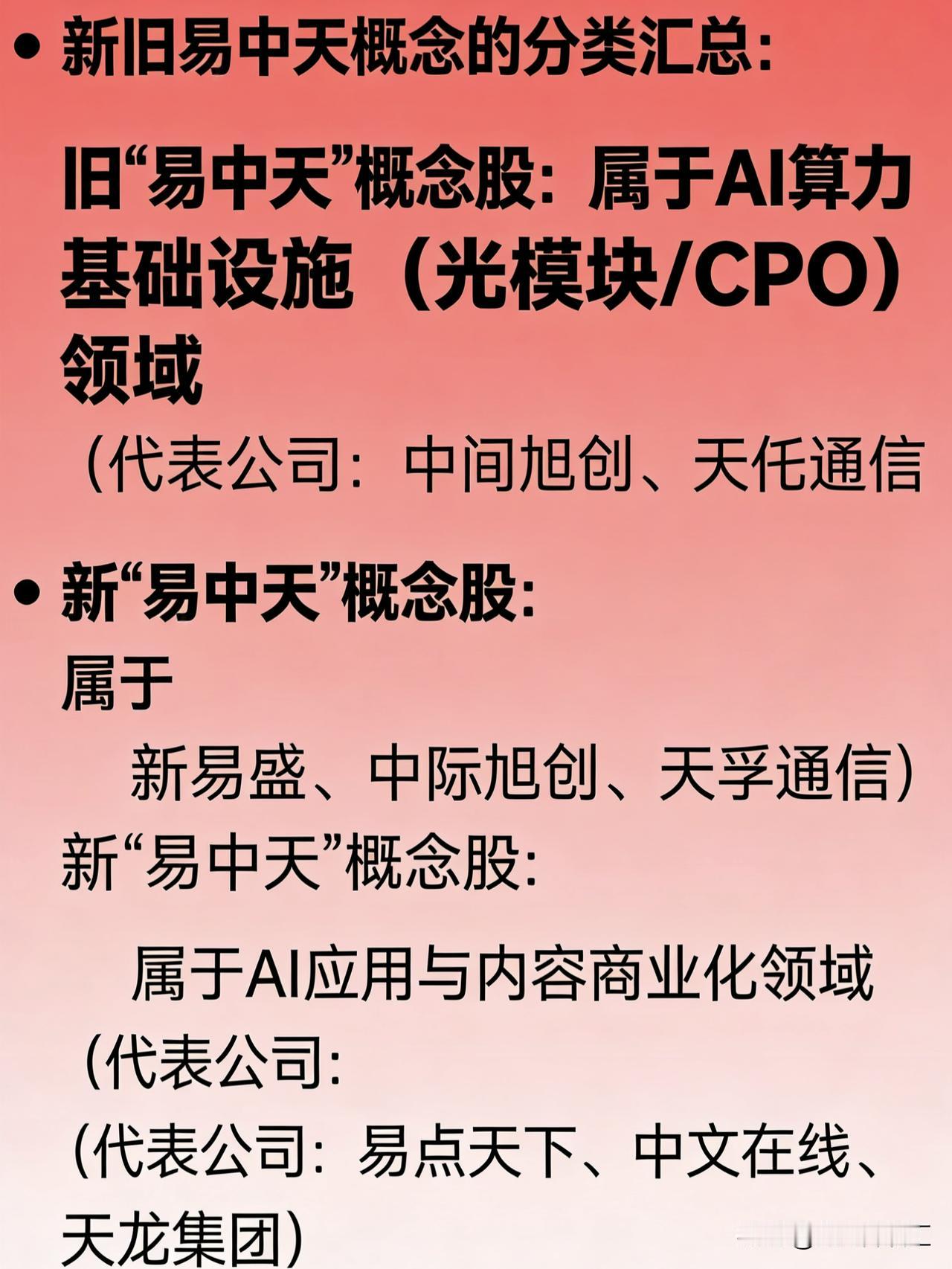 “新旧易中天概念股”的分类汇总：

旧“易中天”概念股：属于 AI算力基础设施（