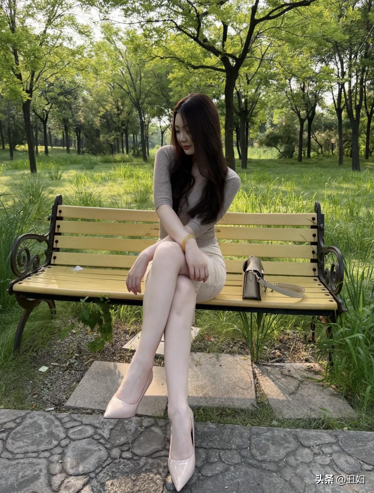法式优雅气质穿搭分享夏日公园长椅上，优雅女子静坐，绿意盎然，时尚穿搭。