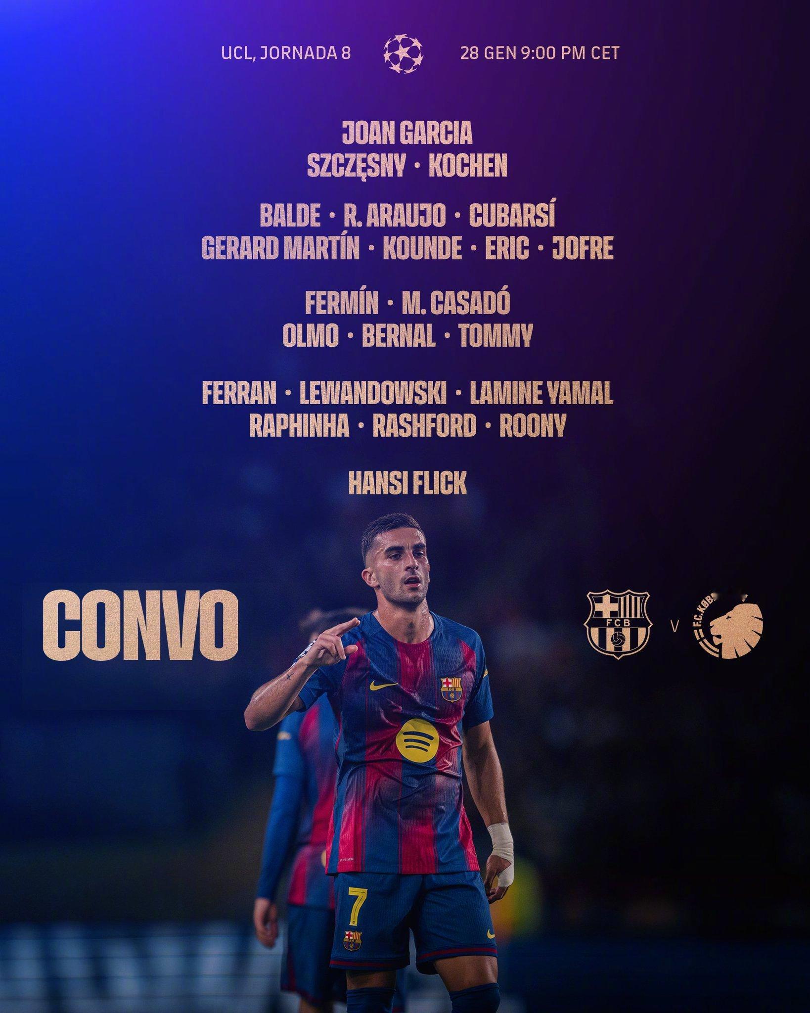 巴萨vs哥本哈根 🔥大名单出炉❌加维、佩德里、克里斯滕森伤停，德容停赛✅费兰伤