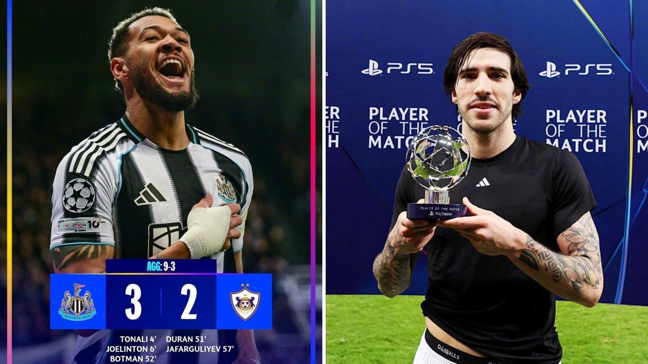 欧冠：纽卡主场3-2击败卡拉巴赫，总比分9-3晋级16强。
托纳利与乔林顿闪击破