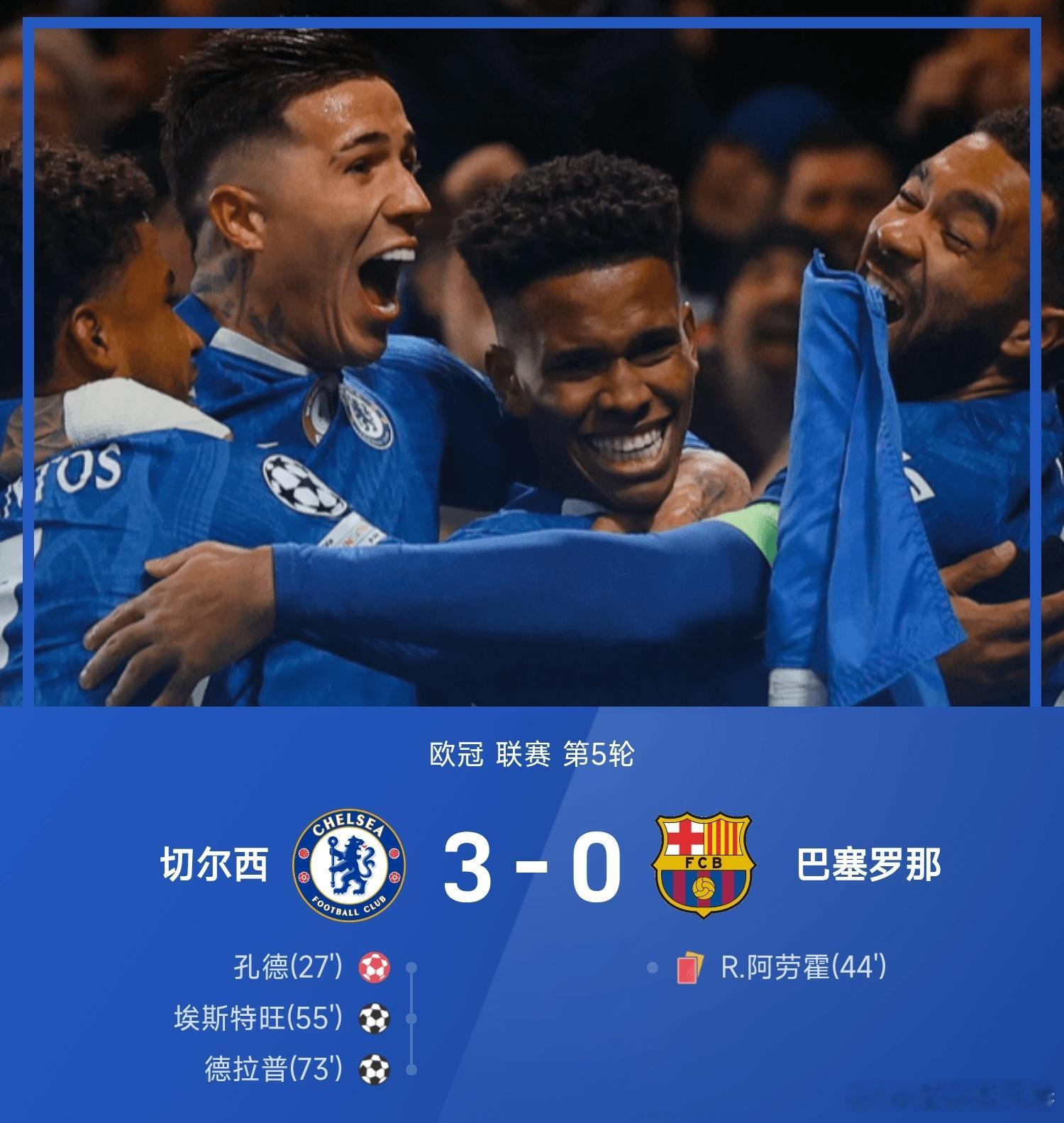切尔西3比0巴塞罗那 切尔西主场以3-0大胜巴塞罗那。上半时比赛，恩佐2个进球被