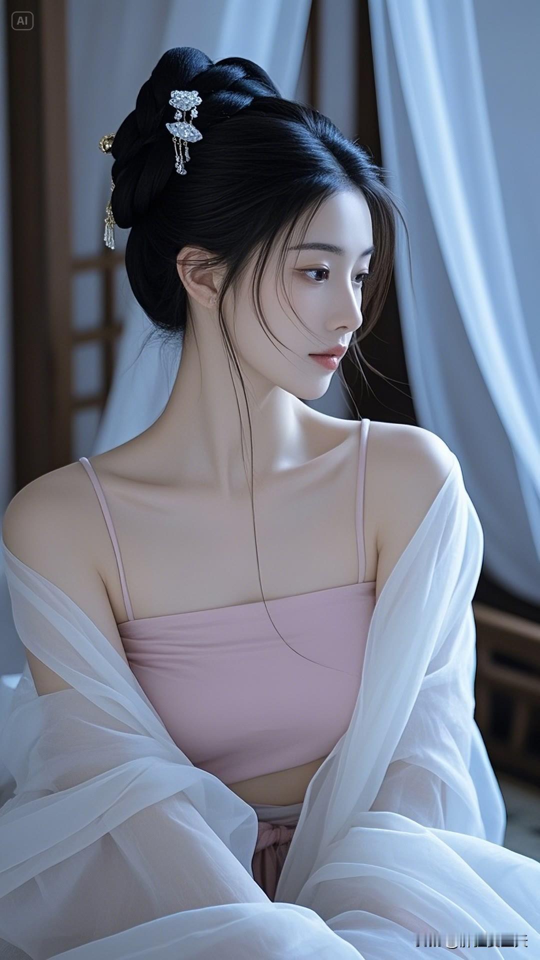 这位古装美女，黛眉含情，双眸流盼，身姿如柳摇曳，举手投足间古韵十足，美得直击心巴