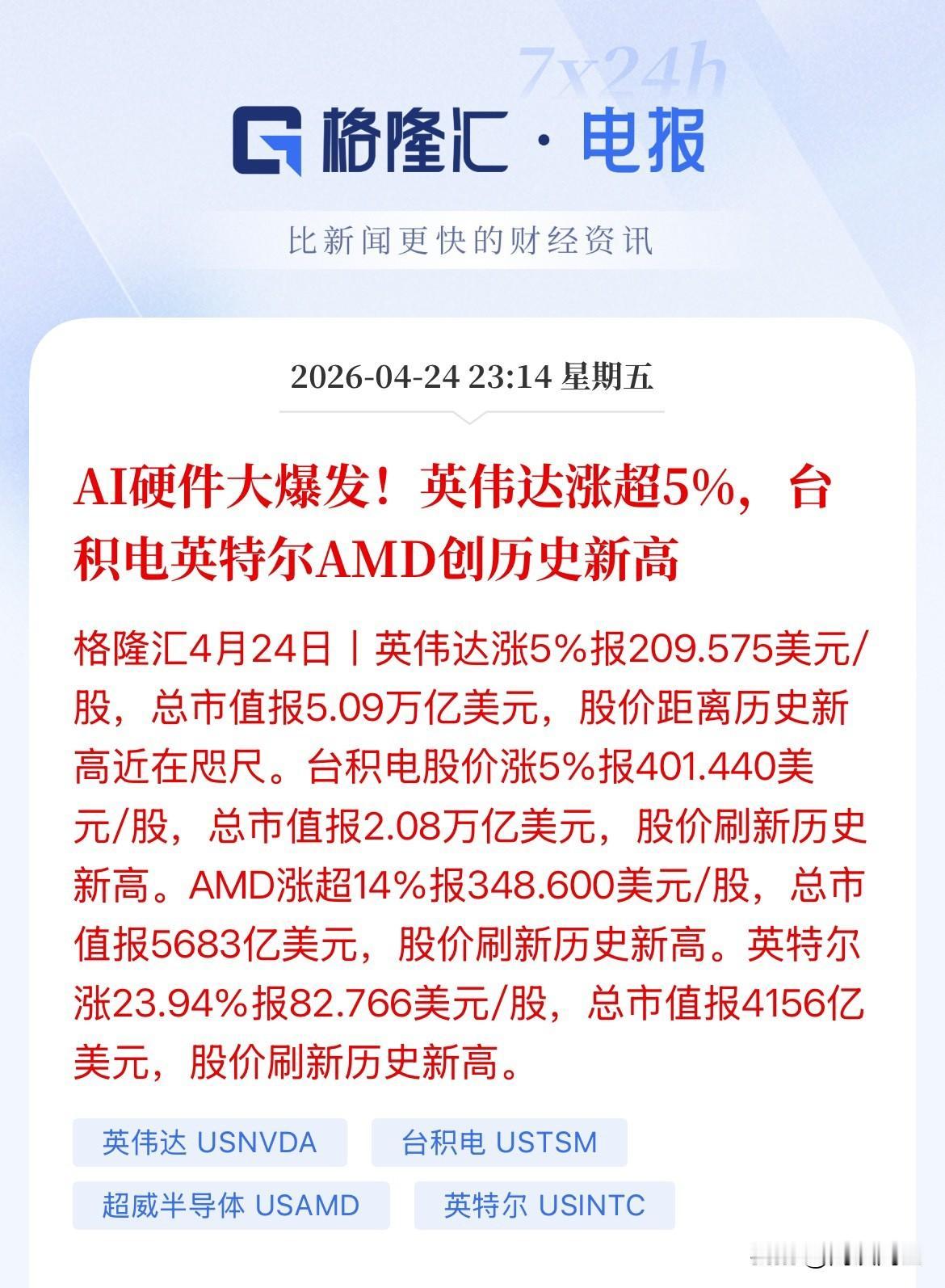 利好！慌什么，AI算力硬件爆发，美股纳指拉升涨幅超1%，英伟达大涨超5%，市值重