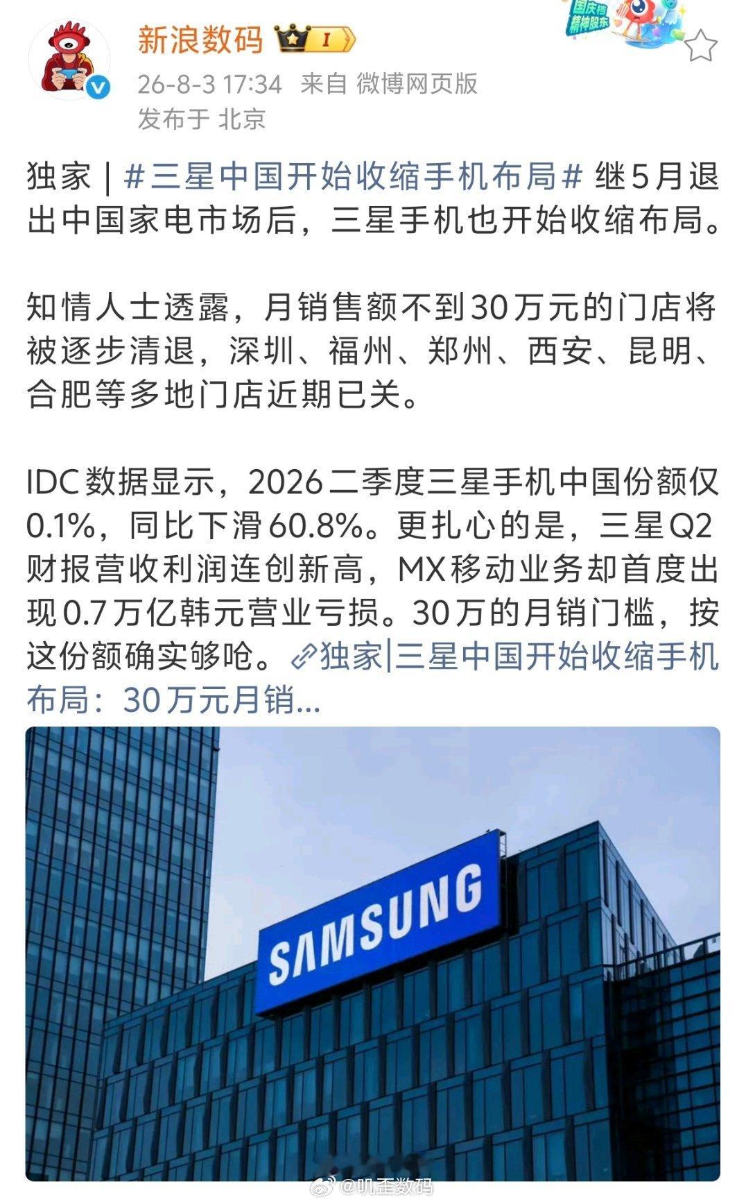 三星中国开始收缩手机布局三星月销售额不到30万元的门店将被逐步清。30万的话，现