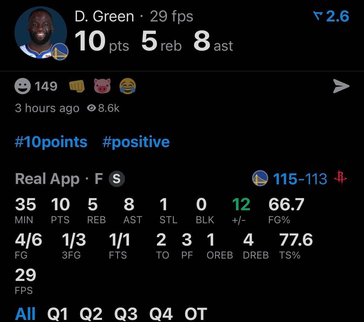 这绝对是格林进入2026年打得最好的一场比赛了本场比赛，在防守端严防杜兰特不让接