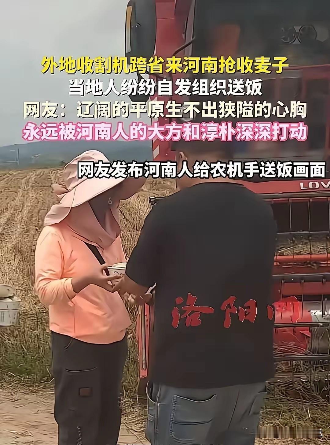 河南收麦子现场：农民带饭、买食品送给收割机师傅，农民带饭或买食品送给收割机师傅是