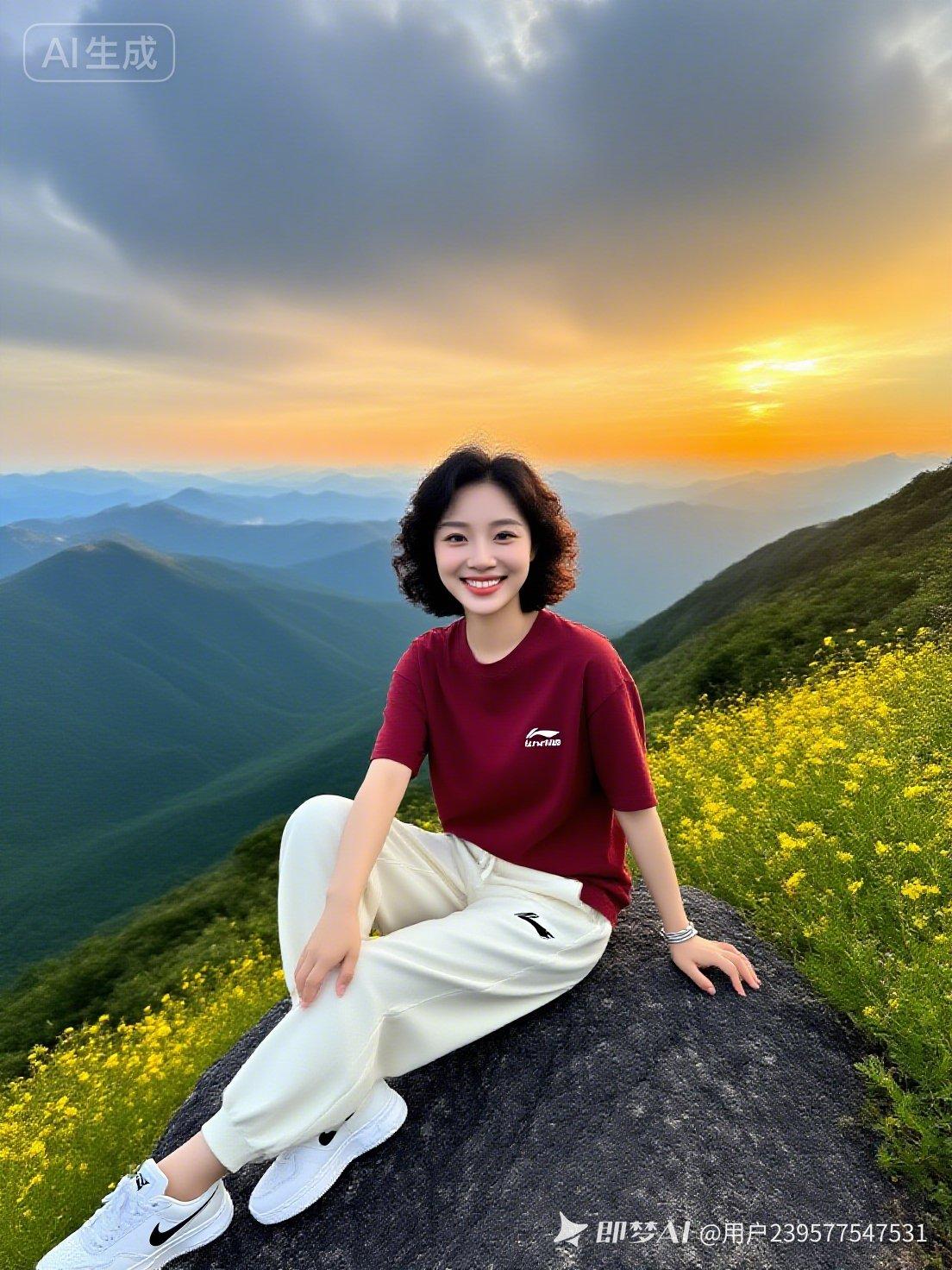 女子静坐山顶岩石，暖金夕阳漫洒山间。卷发利落，身着红衫白裤，银链衬腕。眉眼温柔带
