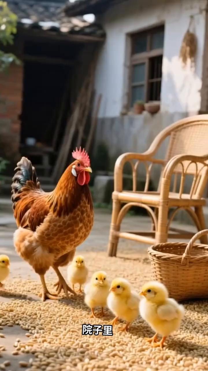 春风拂过小院，小鸡欢腾，演绎春日生机。
春风轻轻吹过，奶奶家的小院染上了一层新绿