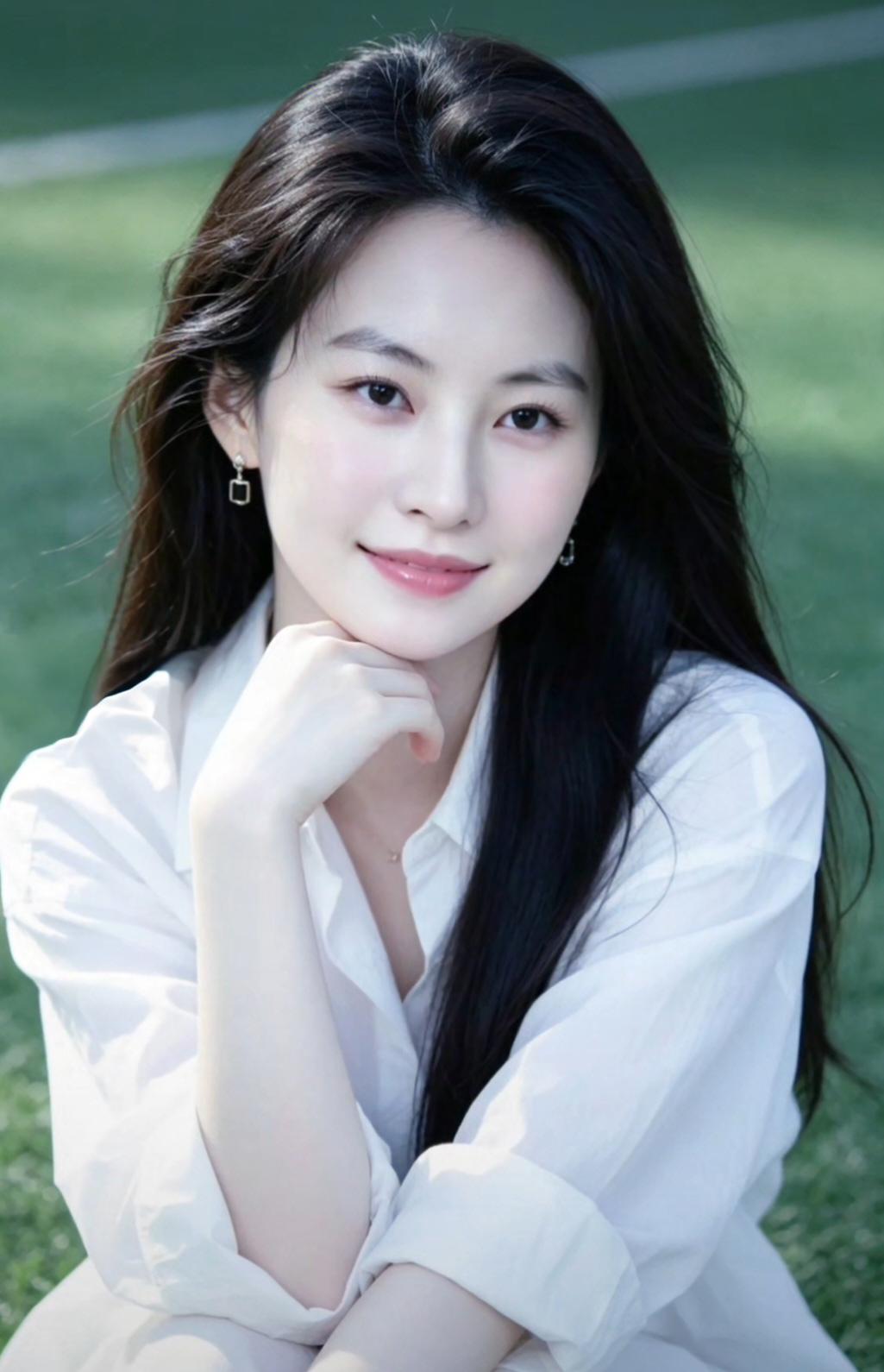 这位美女在草地上微笑，好温柔。