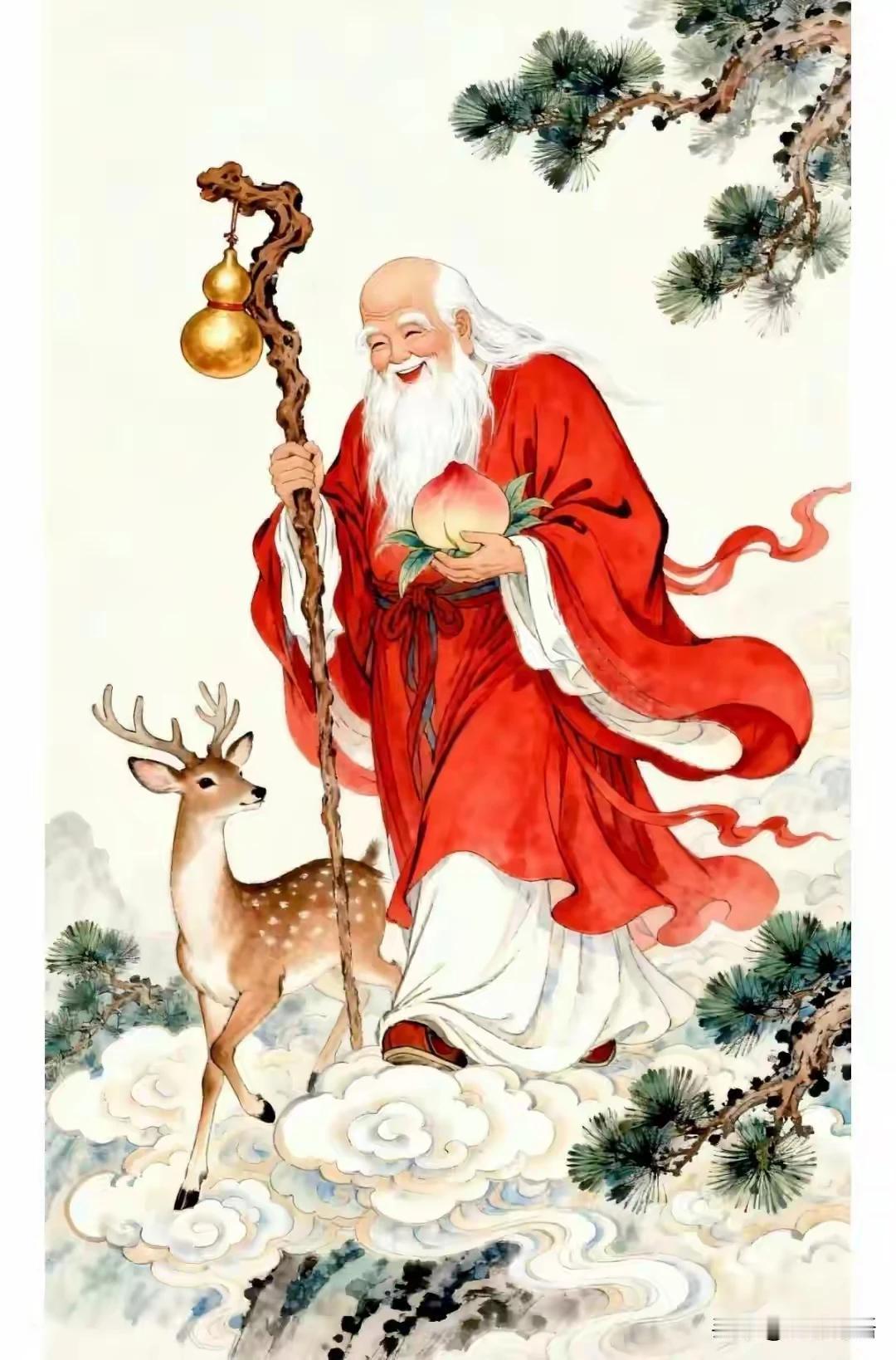 仙翁携鹿踏云来，
笑语盈盈捧仙桃。
世人都说神仙好，
只羡鸳鸯不羡仙。