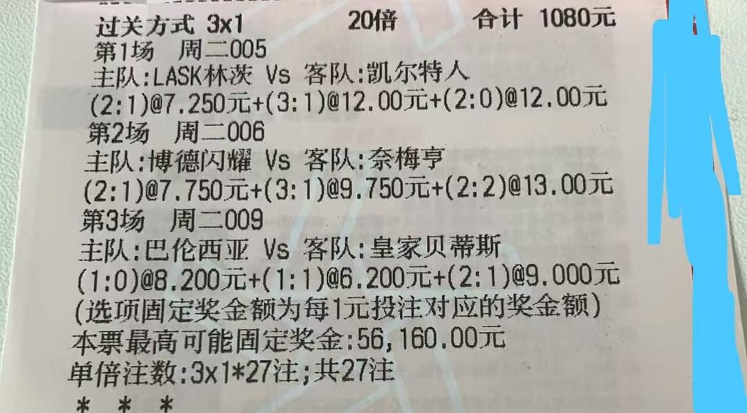 这位大哥1080元的彩票，估计也是有钱人，如果能中奖，至少几万了。
这里面有两场