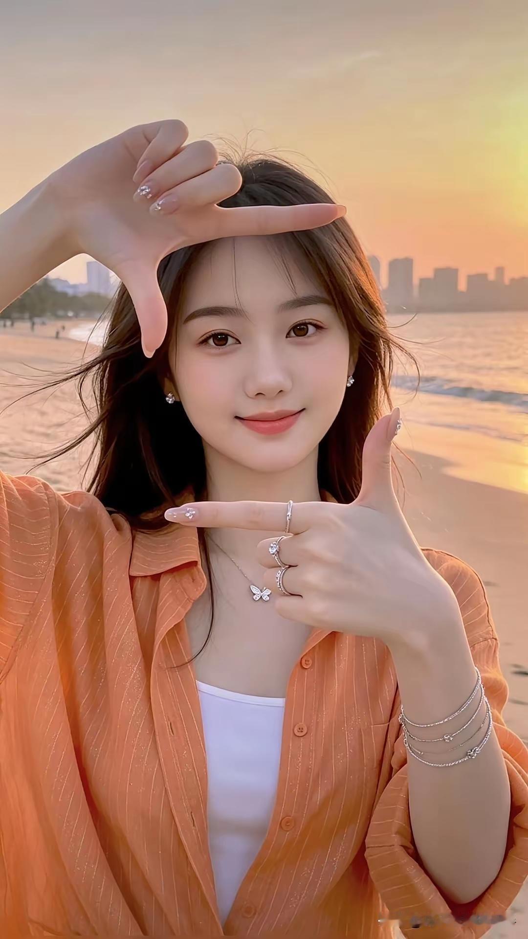 夕阳下，女孩比出爱心手势。