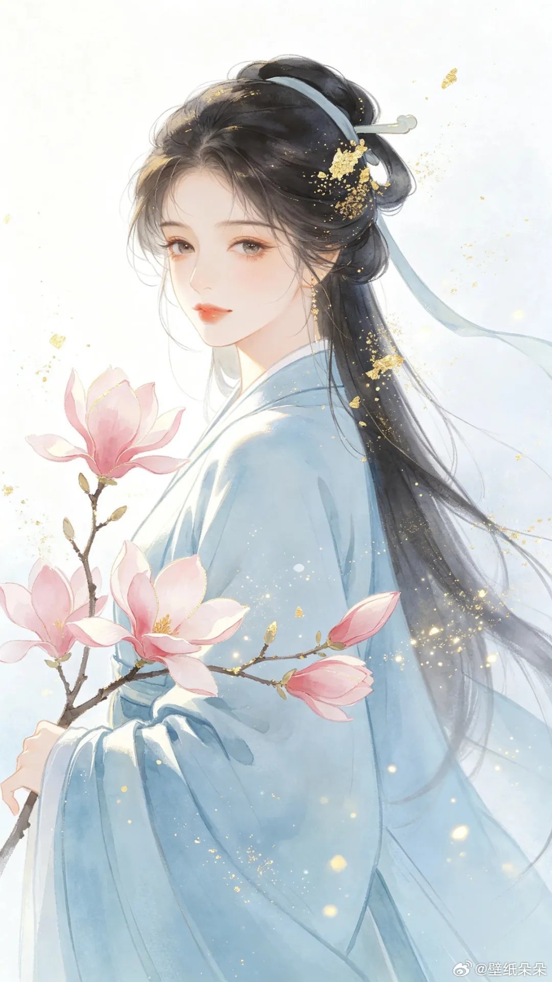 古风水彩墨清雅花枝美人壁纸 