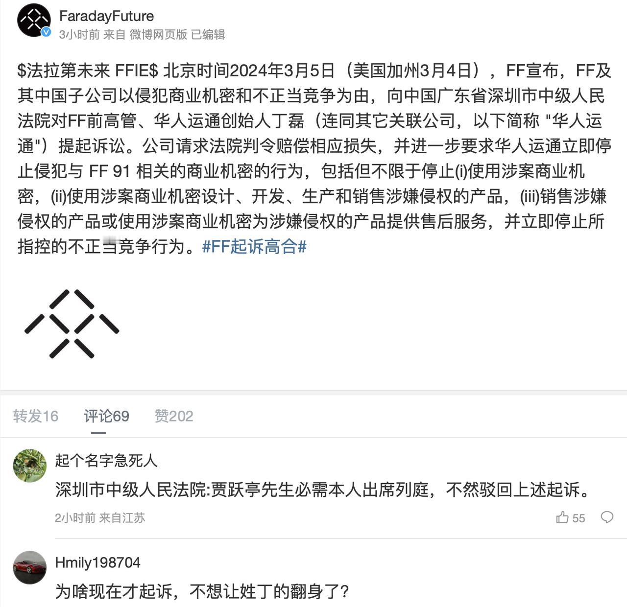 本就狼狈不堪的高合汽车再次雪上加霜！北京时间3月5日，法拉第未来（FF）以侵犯商