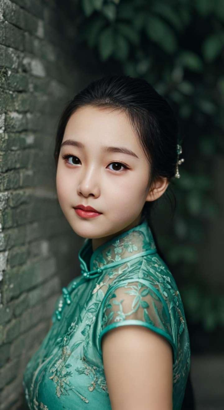 AI扩图 AI绿旗袍佳人