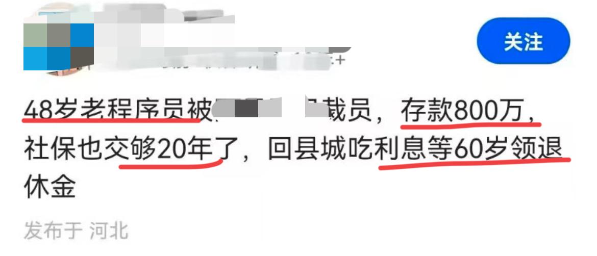 48岁存款800万，也算是可以提前退休了…

网上看到的一个帖子，某大厂裁员下来