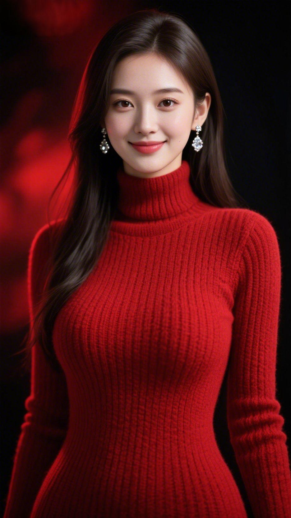 红衫裹满的暖冬柔
 
墨发轻垂时，像拢了层焰色软光的冬昼落下来。
 
正红色高领