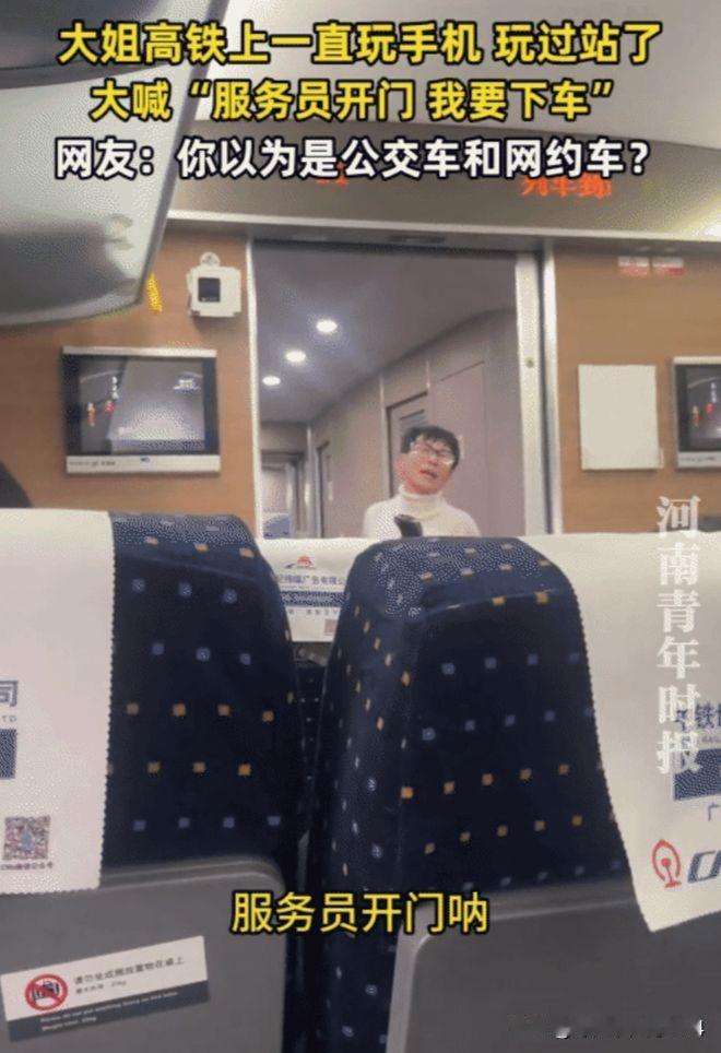 “脸都不要了！”
​近日报道，安徽，女子坐高铁因一直玩手机，坐过站了。突然，她大