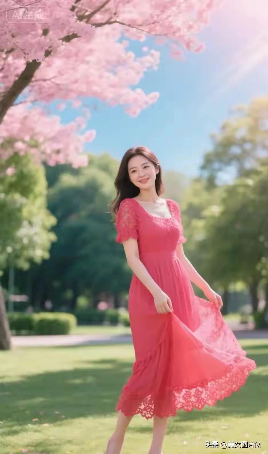 春天使者 ，亭亭玉立。
红裙惊艳，美丽动人。
婀娜多姿，千娇百媚。
窈窕淑女，君