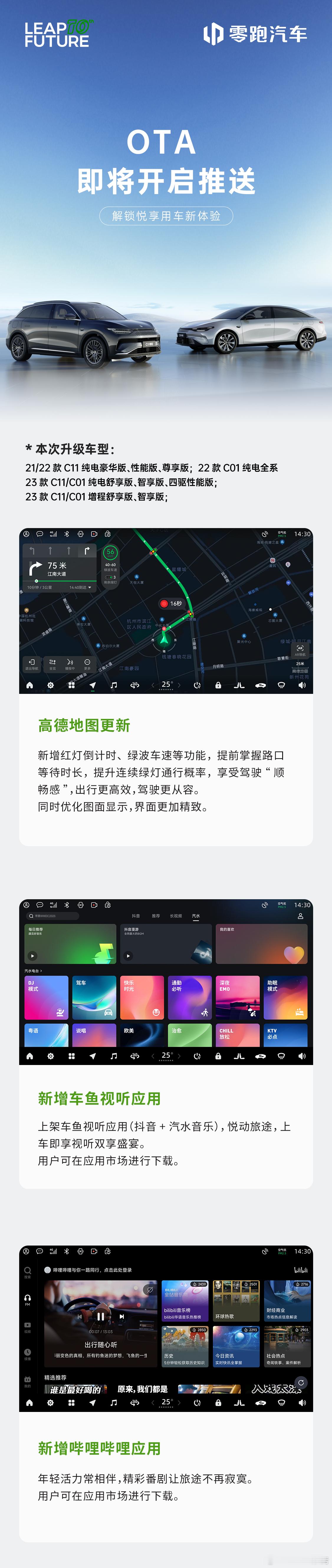 零跑C11&C01 21-23款车型OTA即将开启推送本次升级车型:21/22 