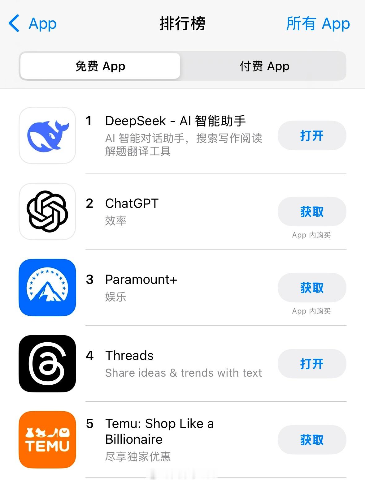 美区app store目前排名前10的app除去下架的TikTok，Temu和R