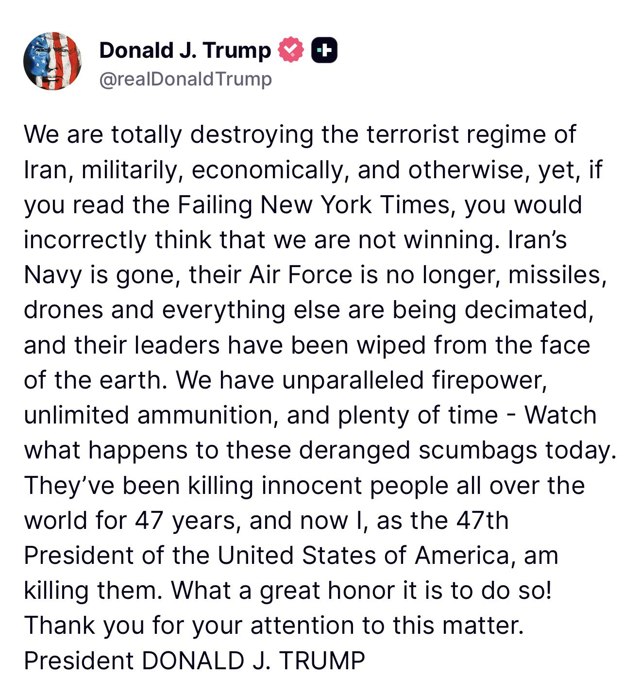 特朗普：我们正在从军事、经济及其他各个方面彻底摧毁伊朗的恐怖主义政权。然而，如果