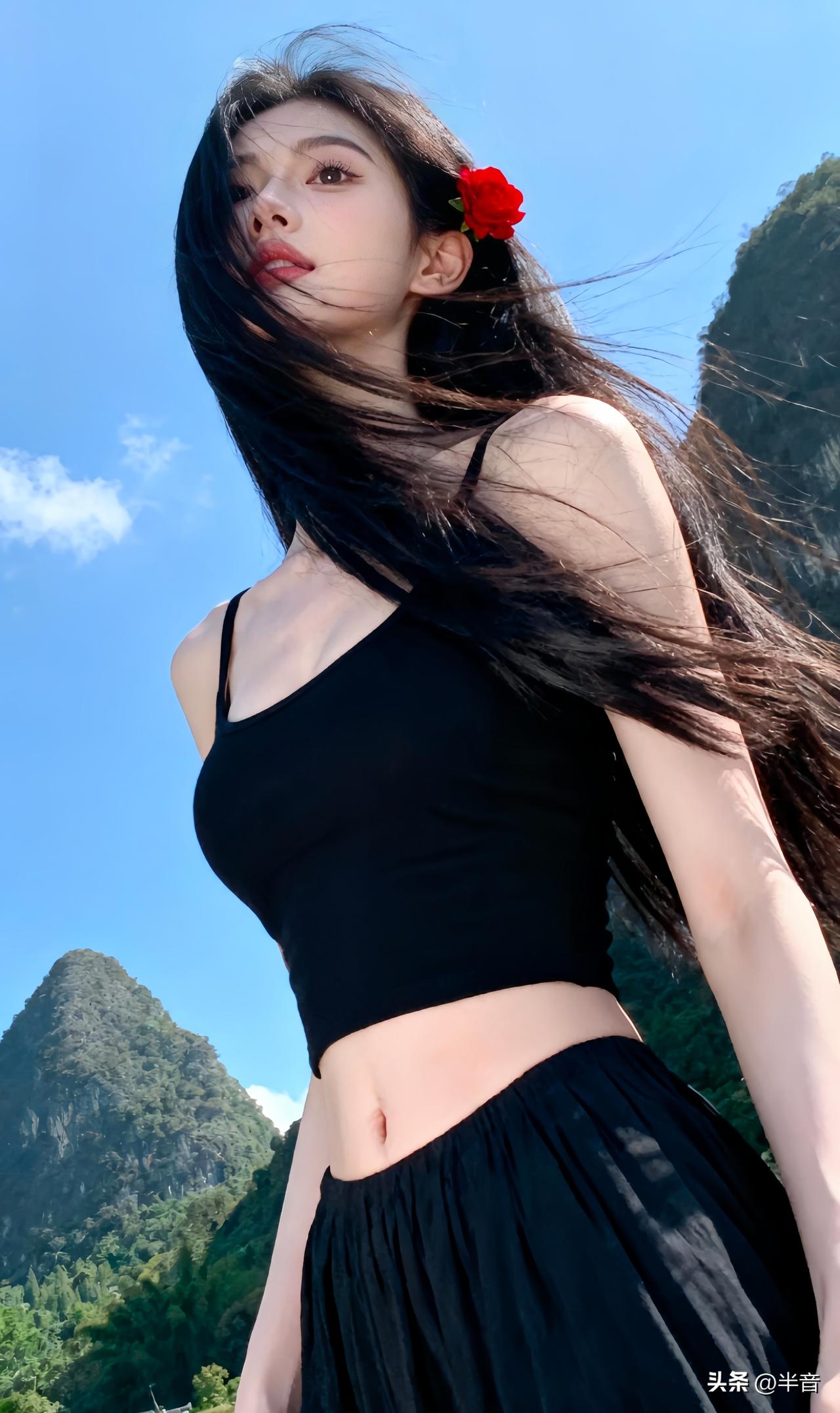 山风轻拂发丝
长发及腰的甜系少女
发间一朵小红花点缀💐
高级感穿搭，温柔风穿搭