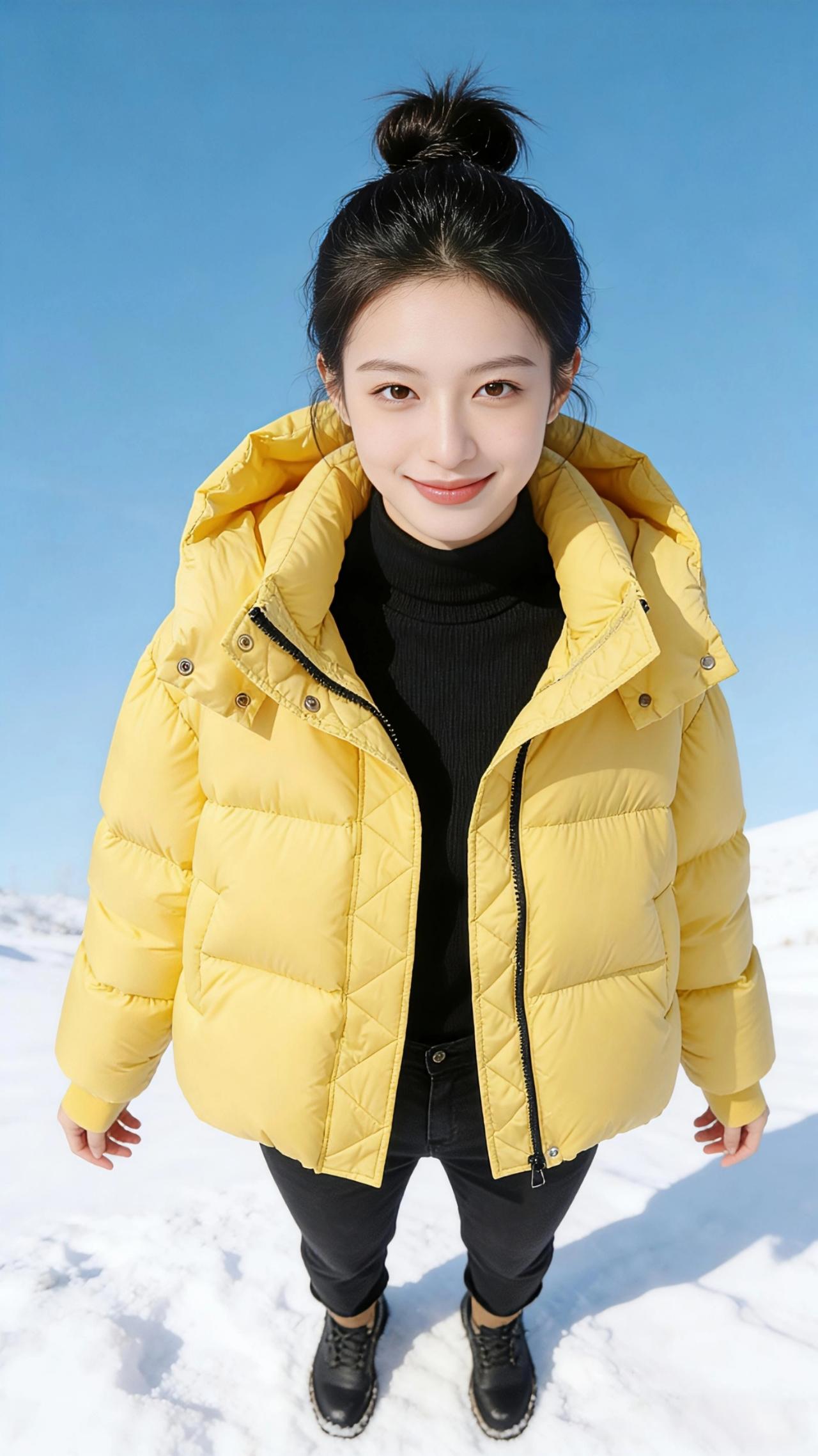 雪野黄杉
 
冬日的雪场是被揉碎的云絮，铺展在澄澈的蓝天之下。明黄的羽绒服像一截