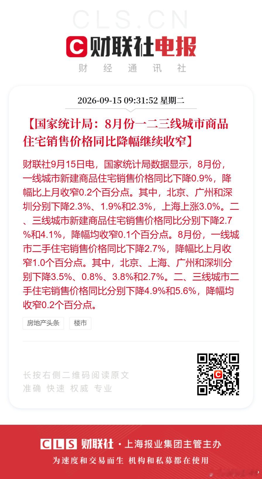 8月一线城市房价环比上涨财联社9月15日电，国家统计局数据显示：【国家统计局：8