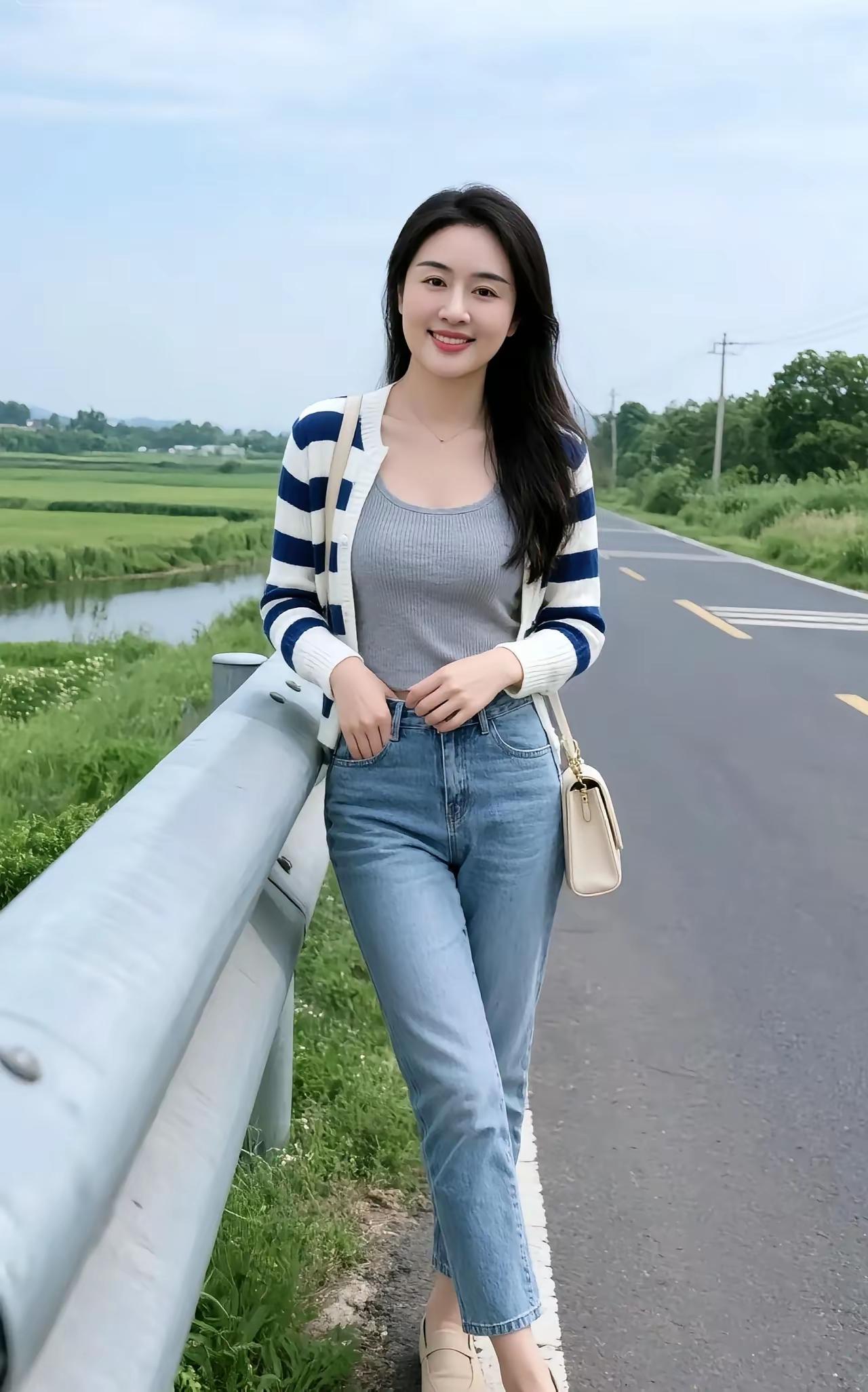 阳光明媚的乡村小路，甜美笑容的少女，清新自然，轻松自在。