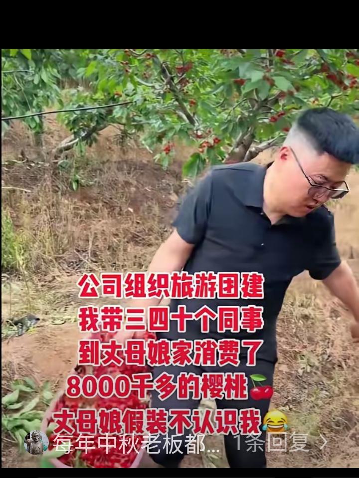 公司组织团建，男子建议去农村摘樱桃，结果他带着三四十个同事到丈母娘家，消费了80