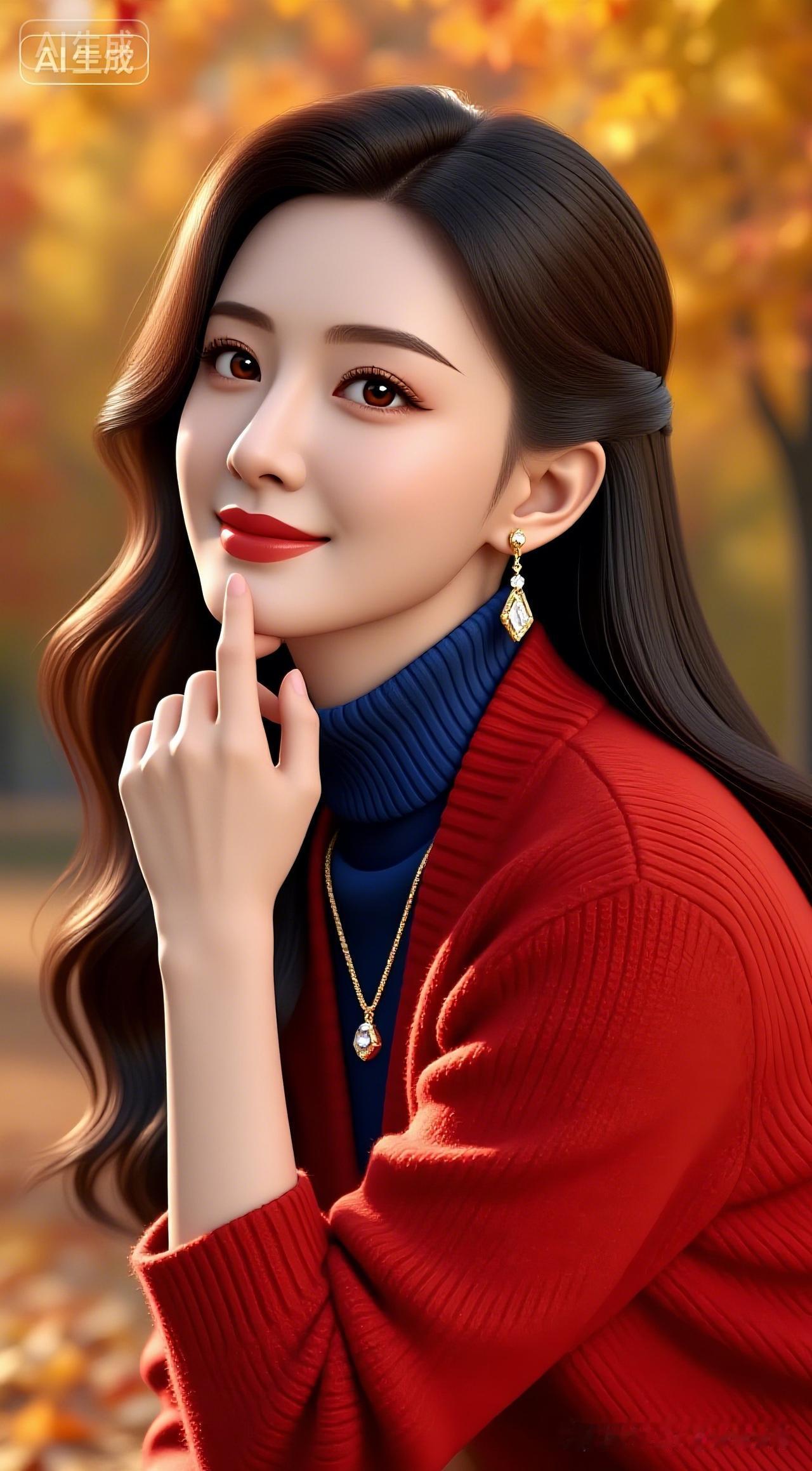秋日暖阳下的优雅红衣少女，温柔微笑，如画般动人。