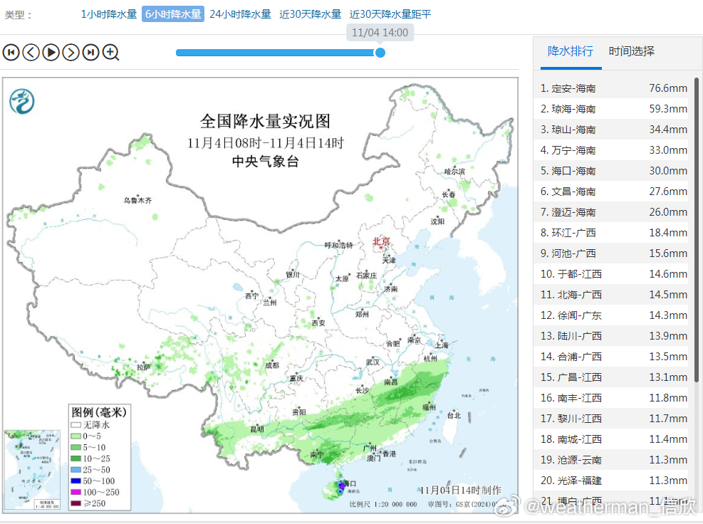 【降水】今天08-14时，降水主要在华南和江南，西南地区的降水减少。海南站点包揽