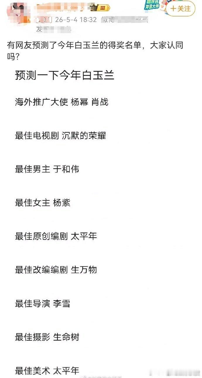 预测白玉兰得奖名单这届白玉兰是两位杨姓女星的救命稻草，无论是其中一人拿到视后还是