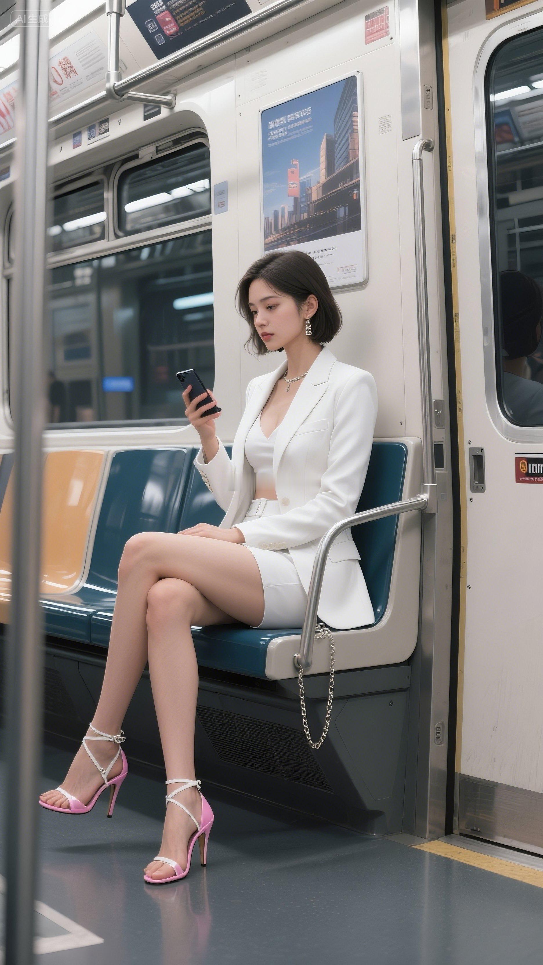 她端坐在地铁空旷的座位上，夜已深，指尖轻划屏幕，微光映着倦容。城市的喧嚣被隔绝在
